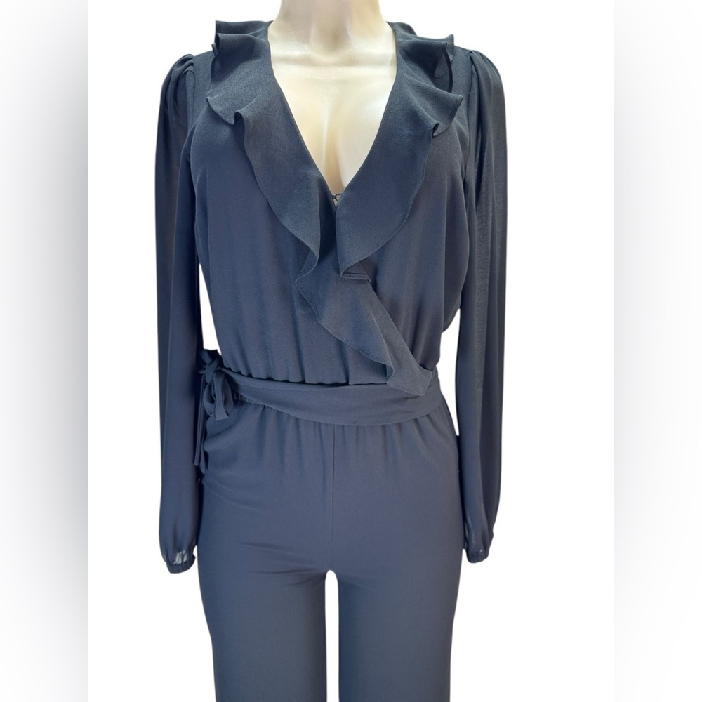 MICHAEL Michael Kors .Black Jumpsuit with Wrap V-Neck and Flowing Wide-Leg Pants - Picture 3 of 11